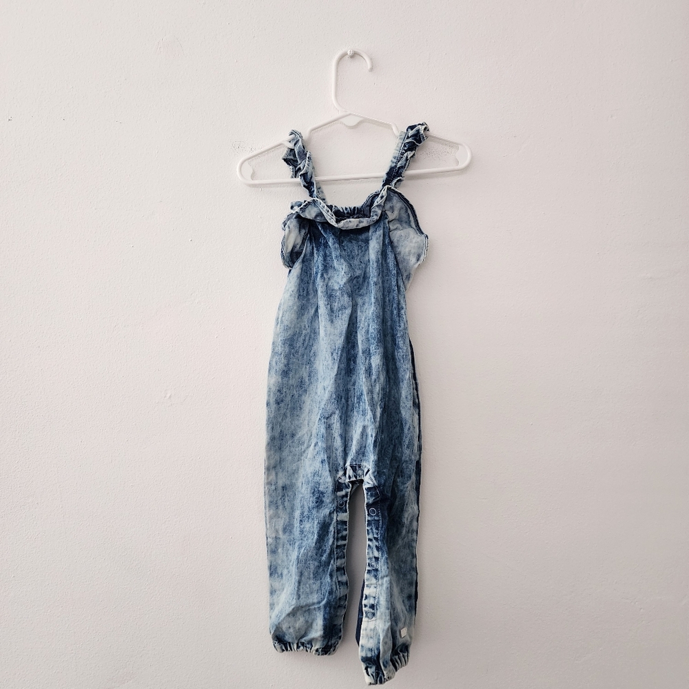 7 For All Mankind | Blue Denim Chambray Jumpsuit with Ruffle Detail